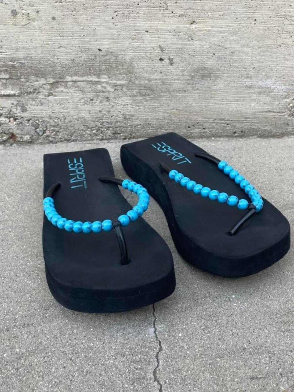 Black and blue beaded platform sandals
